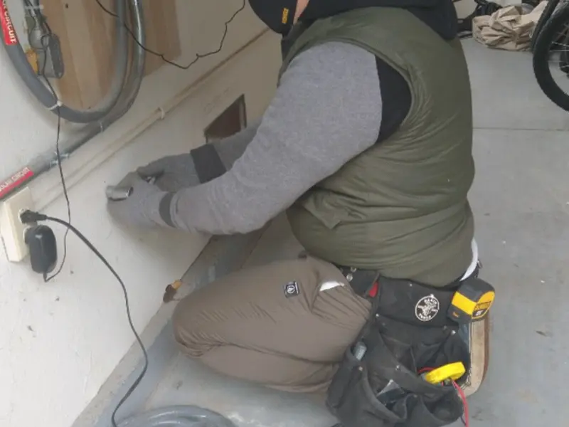 Electrician performing outlet wiring in a Arcadia garage